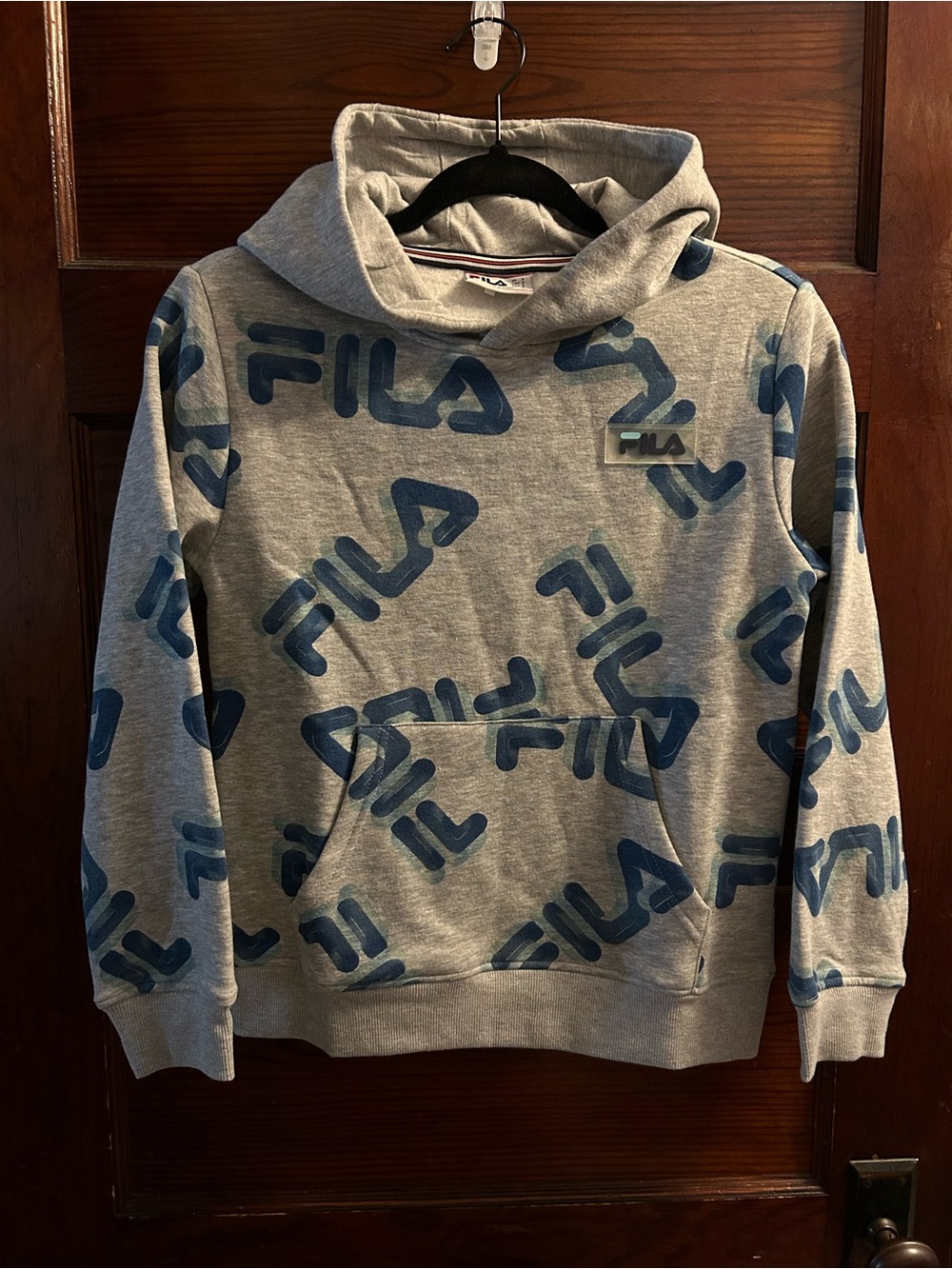 FILA Boys Hoodie Size Small Gray Blue Allover Logo NWOT
